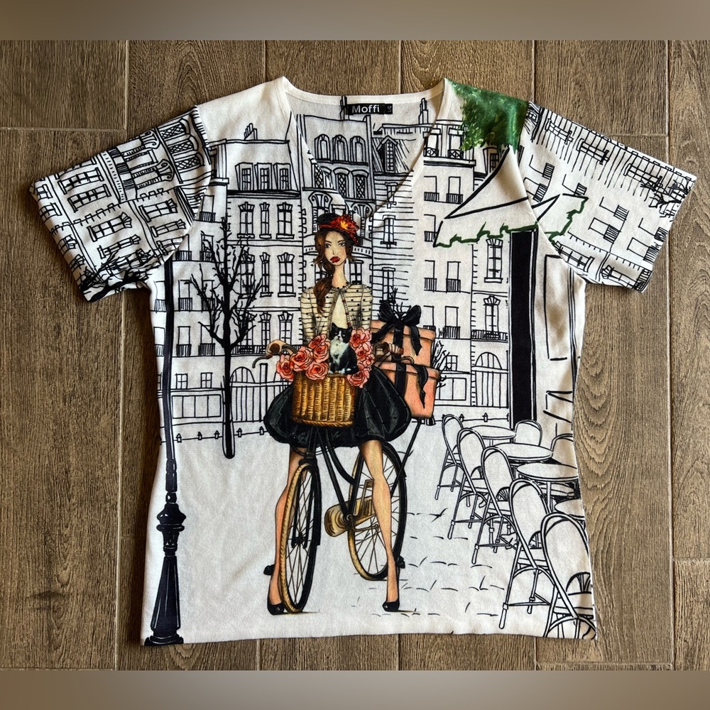 MOFFI Paris Street Scene Embellished Graphic Top | Size L